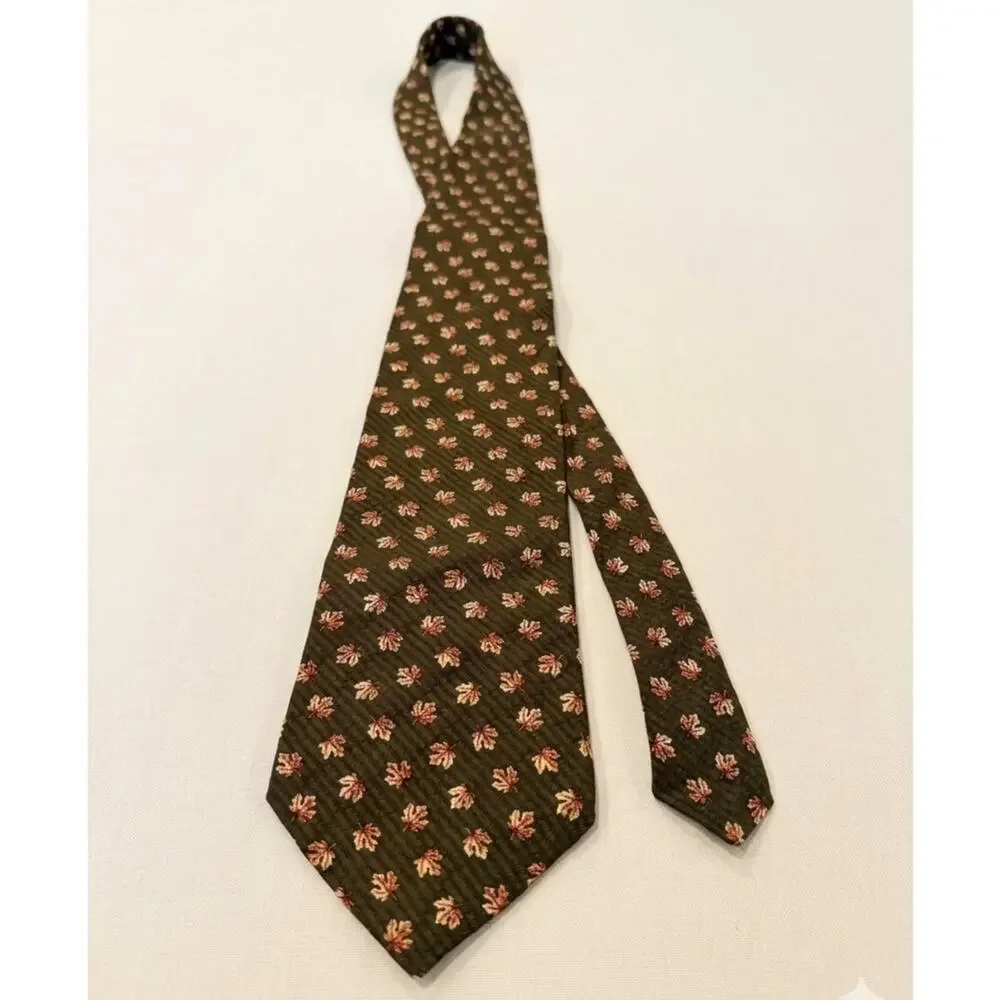 Kenneth Cole New York Silk Tie Mens Olive Brown Orange Maple Leaf Fall Autumn
